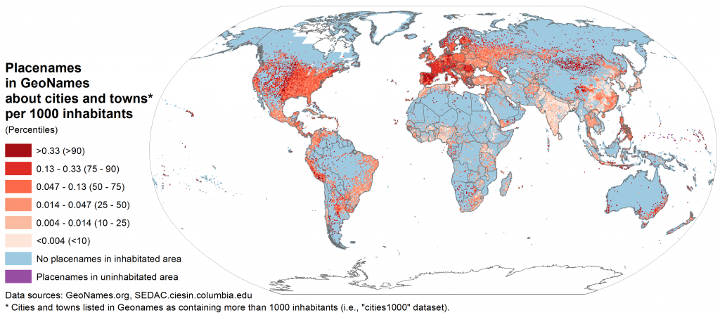Spatial distibution of placenames in GeoNames included in the dataset of populated places with more than a thousand inhabitants, compared to the spatial distribution of population