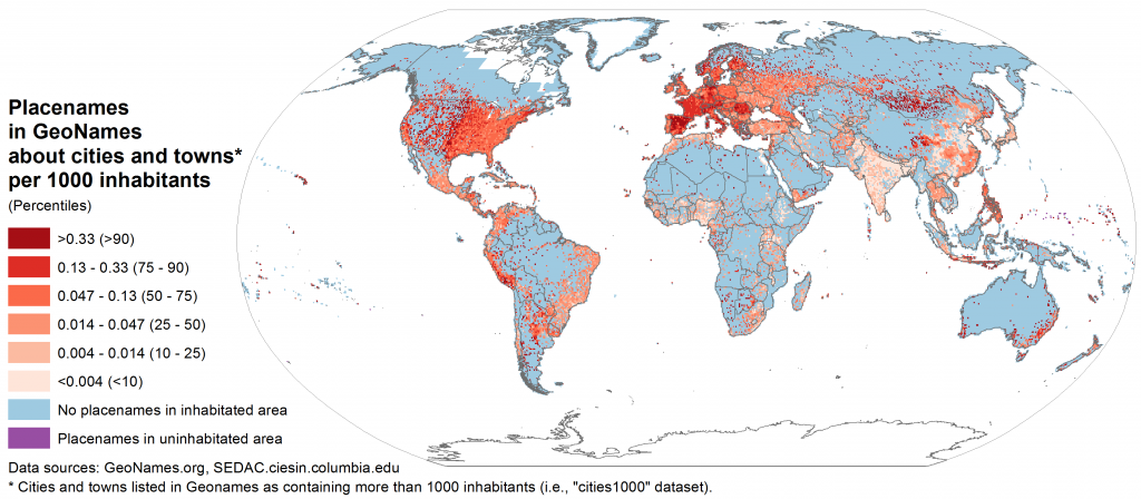 Spatial distibution of placenames in GeoNames included in the dataset of populated places with more than a thousand inhabitants, compared to the spatial distribution of population 